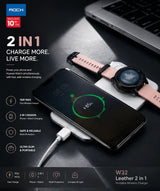 A ROCK brand 2-in-1 leather wireless charger shown in a promotional graphic. The charger is white and rectangular, depicted charging a black smartphone and a smartwatch with a pink strap.