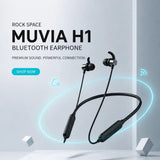 Black neckband-style Bluetooth earphones floating above a white display platform, with glowing blue circular effects and text reading 'ROCK SPACE MUVIA H1 BLUETOOTH EARPHONE' on a light gray background.