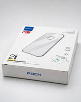 ROCK 1032 2-in-1 Portable Wireless Charger in its original white retail packaging, featuring a graphic of the silver and black device on the box.