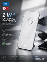 A white ROCK W32 leather 2-in-1 portable wireless charger standing upright on a dark reflective surface, with a phone and watch nearby. The image includes marketing text and icons highlighting features like 15W fast charging, 2-in-1 design, safe and reliable protection, and ultra slim and portable design.