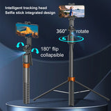 360° face-tracking selfie stick for smartphones includes a clip, expandable tripod, and is portable for outdoor photography.